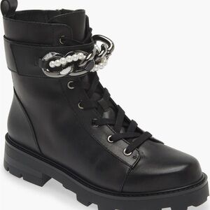 Karl Lagerfeld Black Combat Boots with Chain and Pearl Detail